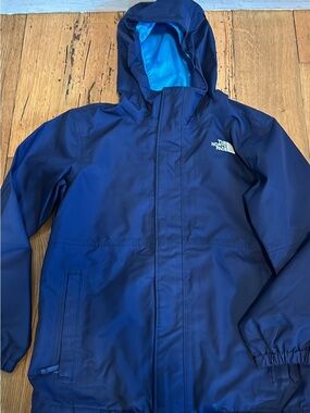 The North Face Kids Navy Blue Hooded Rain Jacket with Light Blue Lining